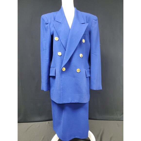 Christian Dior Double Breasted Jacket Pleat Skirt Set Button Navy Wool 16 Vntg - Picture 1 of 12